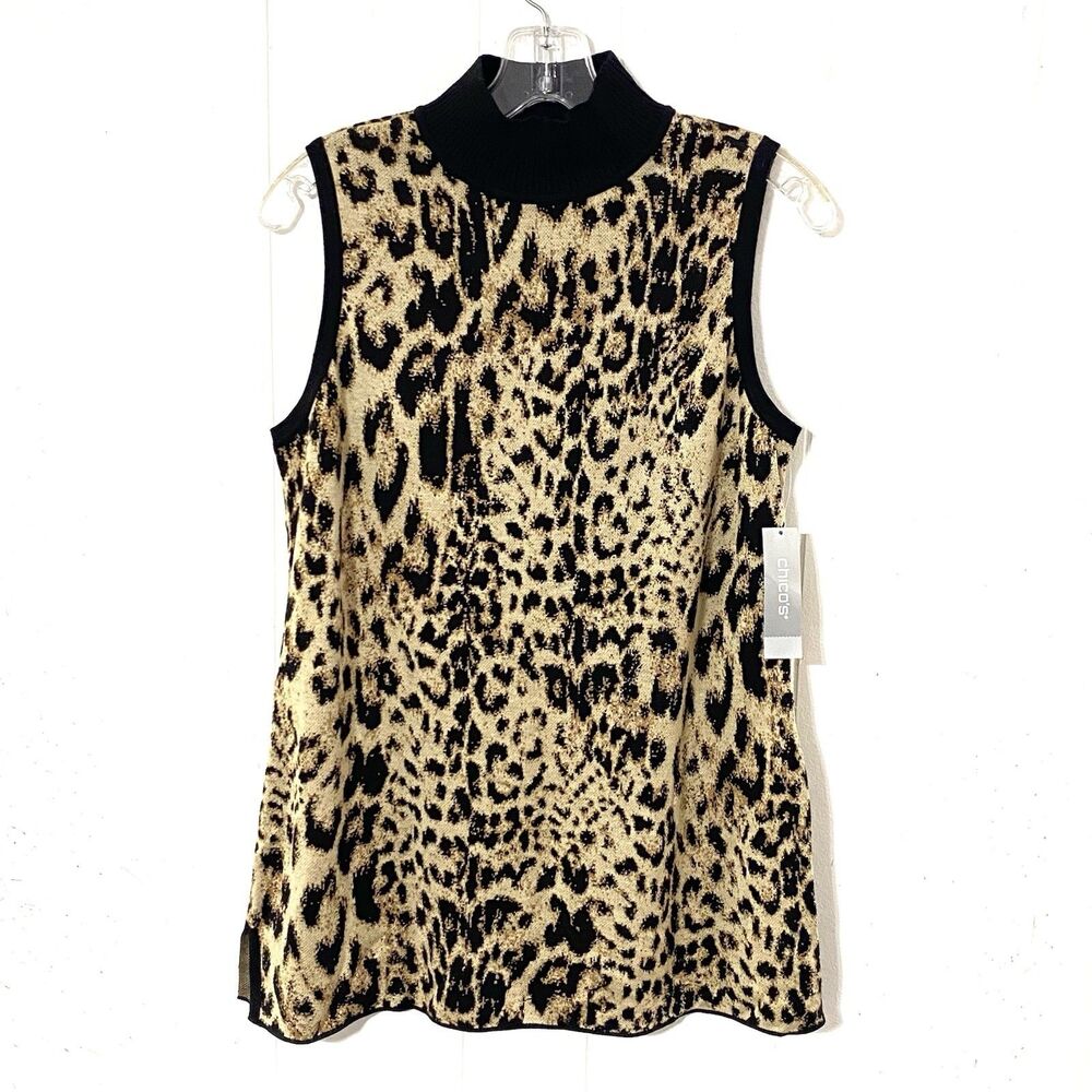 NEW Chicos Leopard 1 Small Mock Neck RAYON CASHMERE Sweater Tank Top Tunic